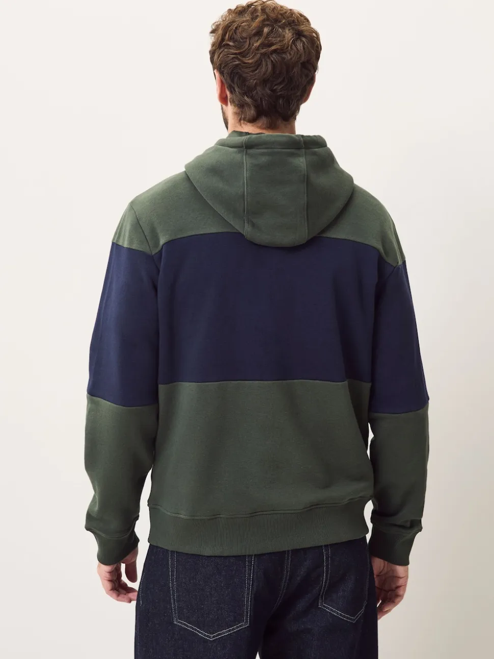Navy Blue/Khaki Green Overhead Hoodie Colour Blocking Sweatshirt