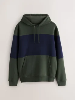 Navy Blue/Khaki Green Overhead Hoodie Colour Blocking Sweatshirt