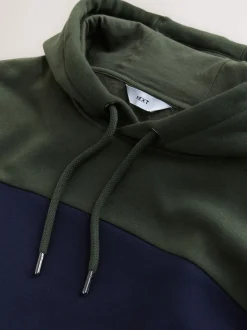 Navy Blue/Khaki Green Overhead Hoodie Colour Blocking Sweatshirt
