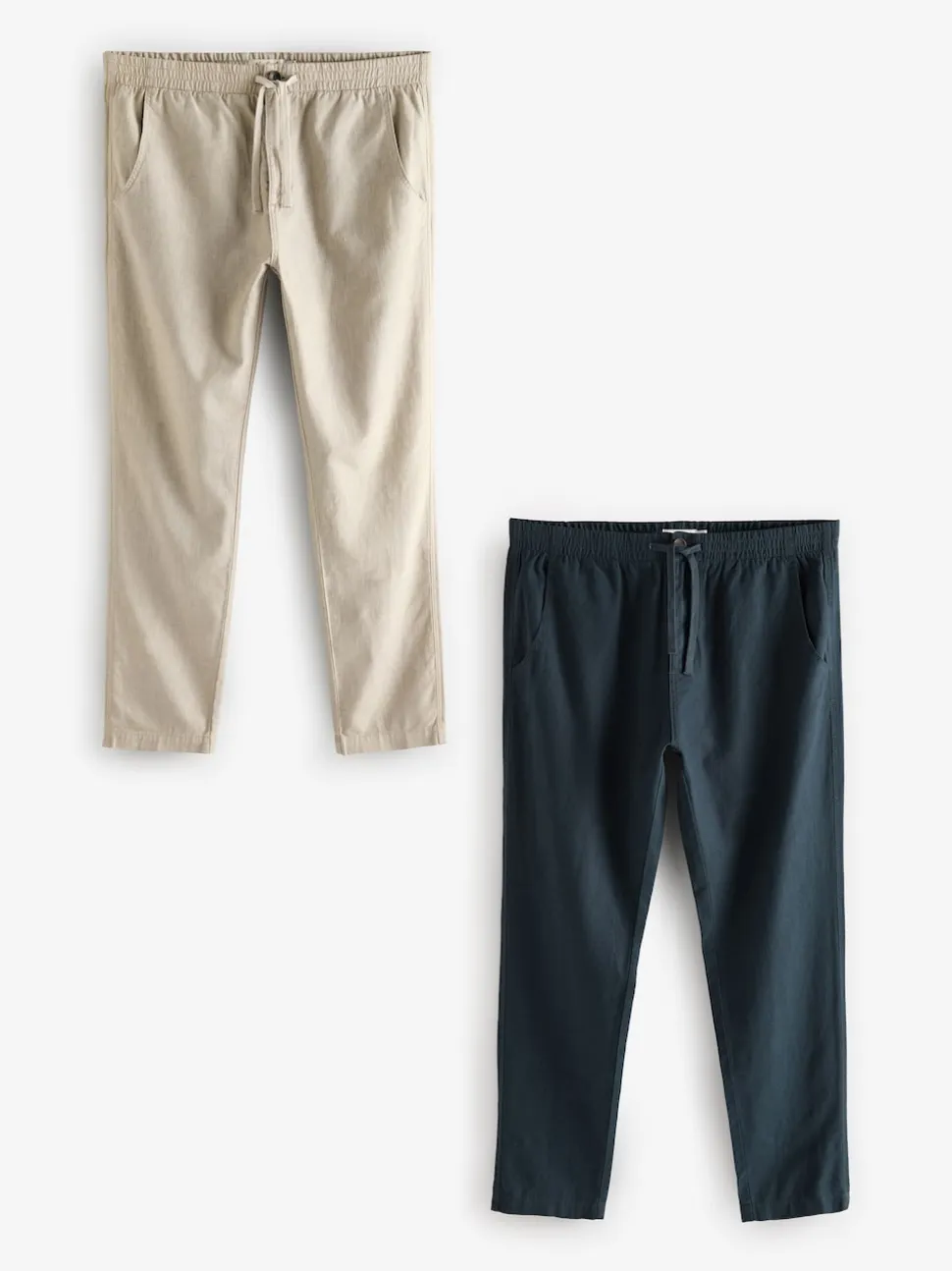 Navy Blue/Natural Ecru Linen Cotton Elasticated Drawstring Trousers 2 Pack