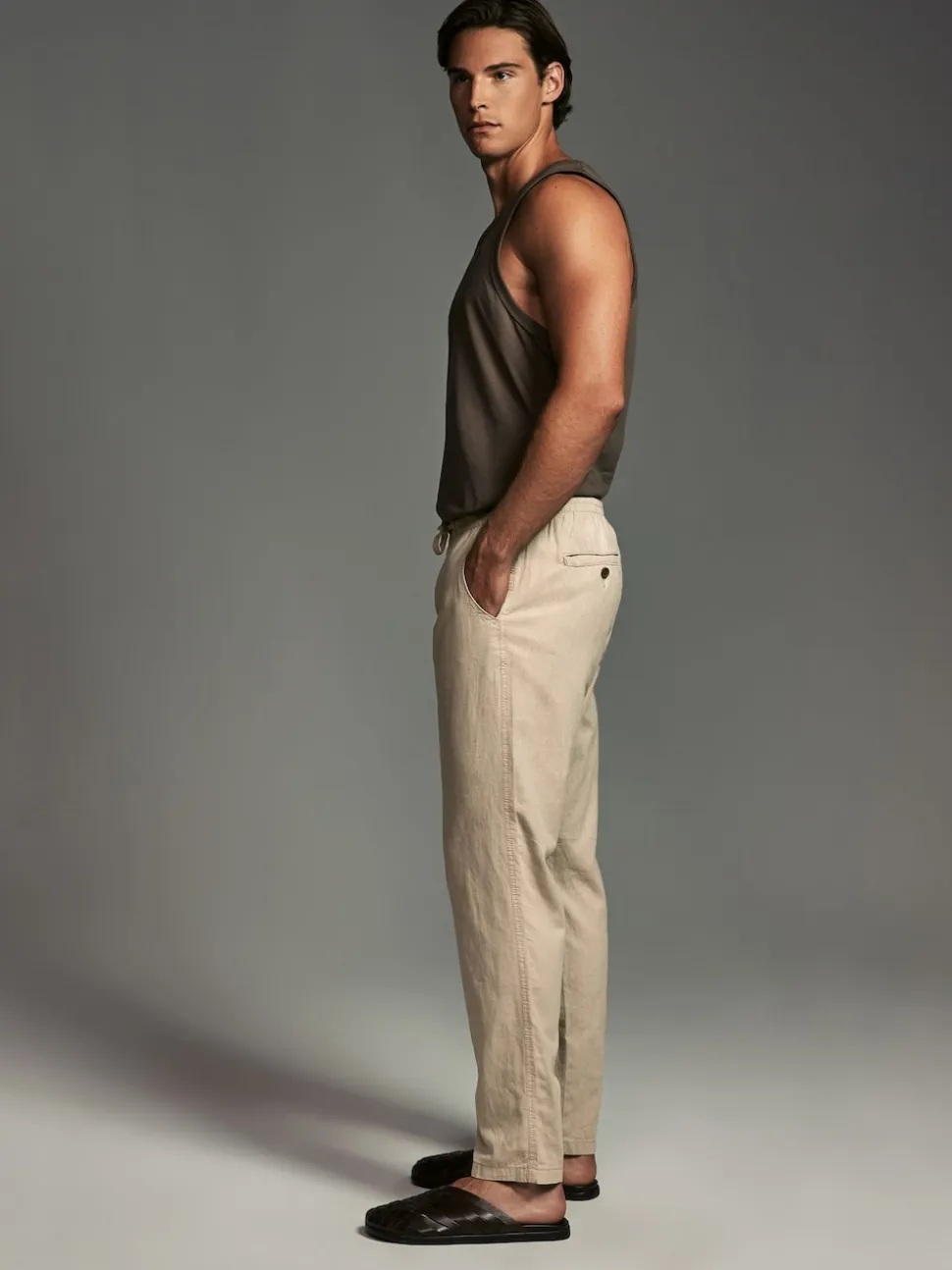 Navy Blue/Natural Ecru Linen Cotton Elasticated Drawstring Trousers 2 Pack