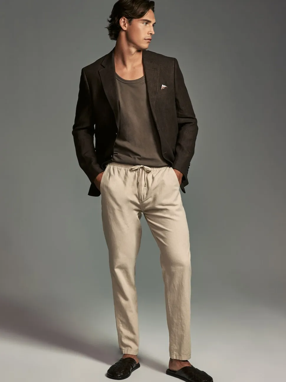 Navy Blue/Natural Ecru Linen Cotton Elasticated Drawstring Trousers 2 Pack