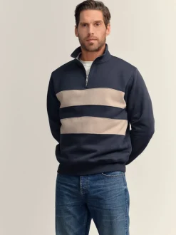Navy Blue/Neutral Quarter Zip Colour Blocking Sweatshirt
