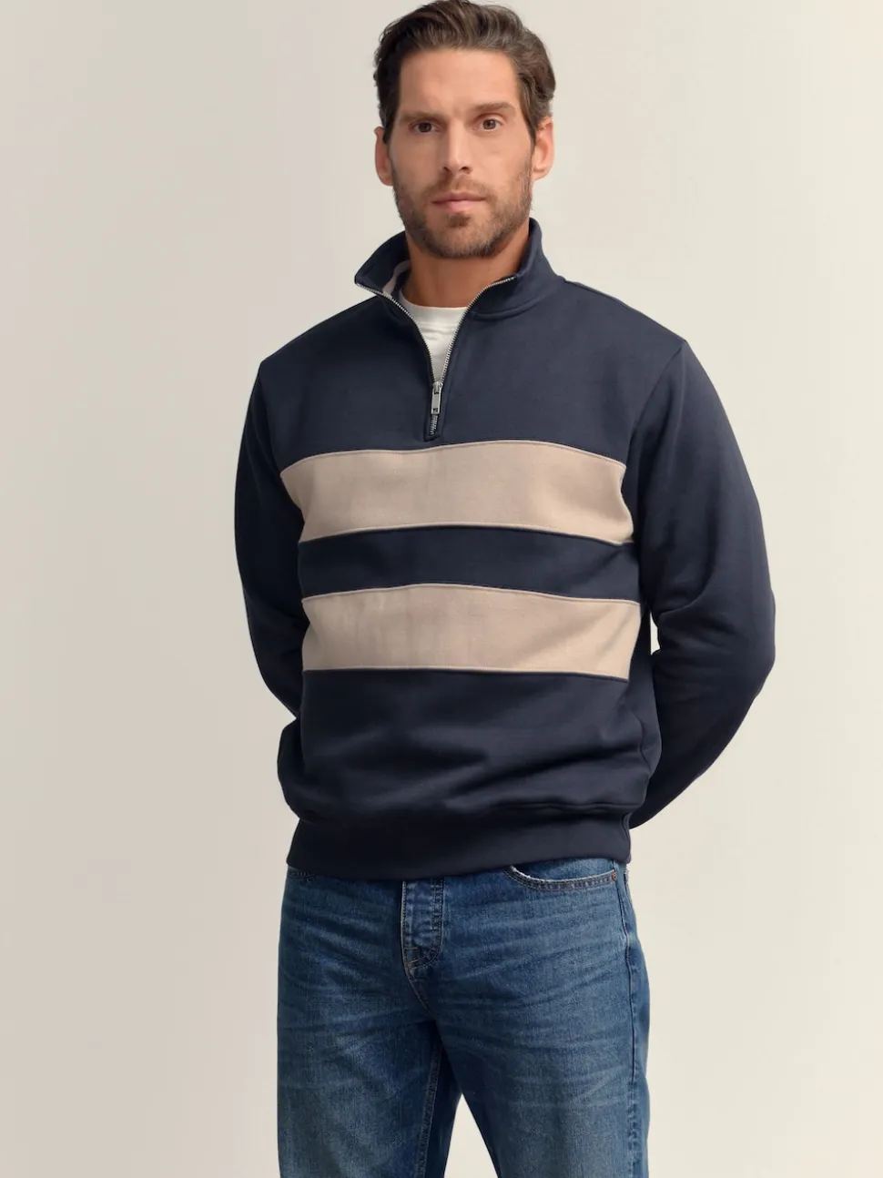 Navy Blue/Neutral Quarter Zip Colour Blocking Sweatshirt