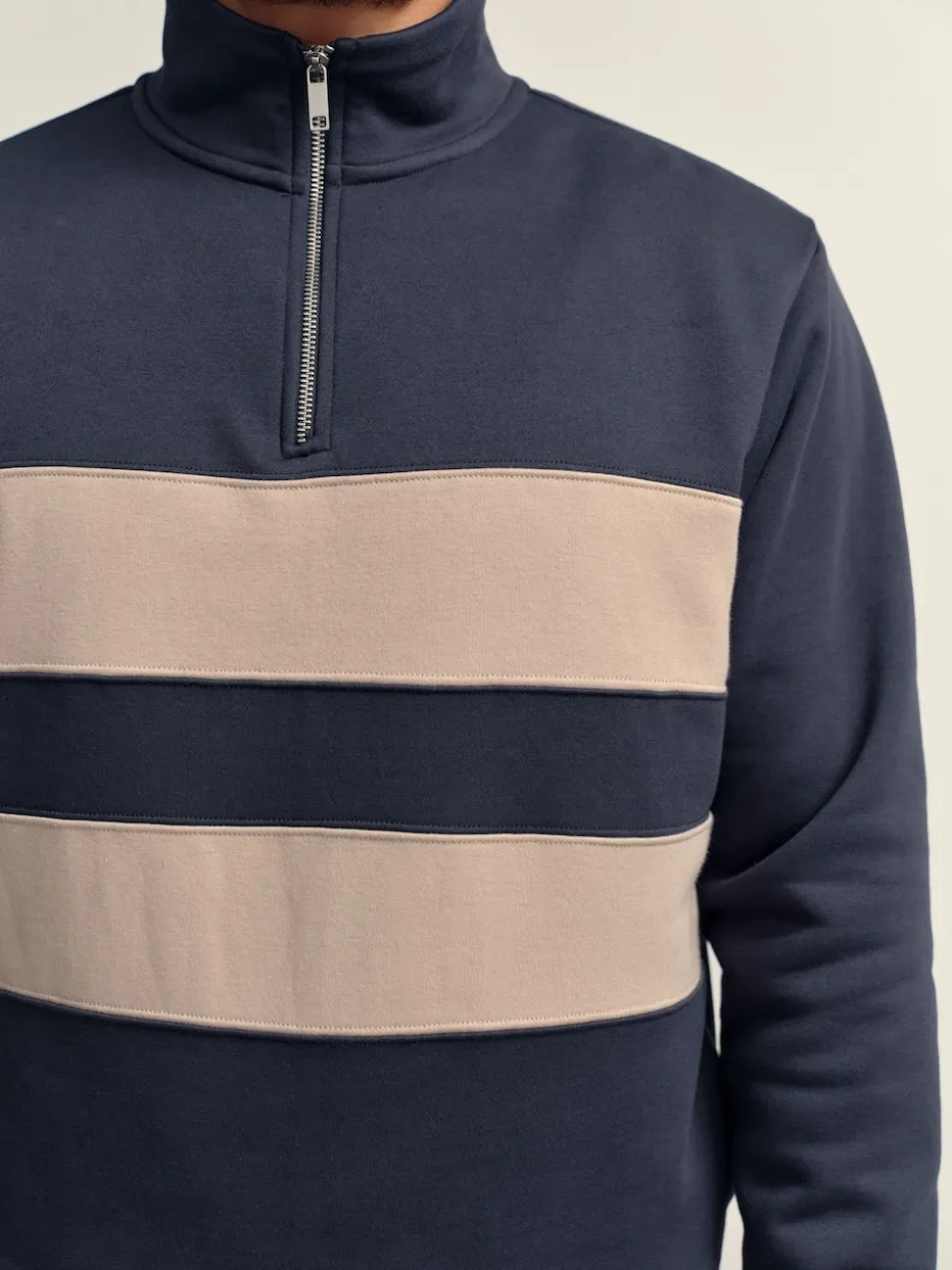 Navy Blue/Neutral Quarter Zip Colour Blocking Sweatshirt