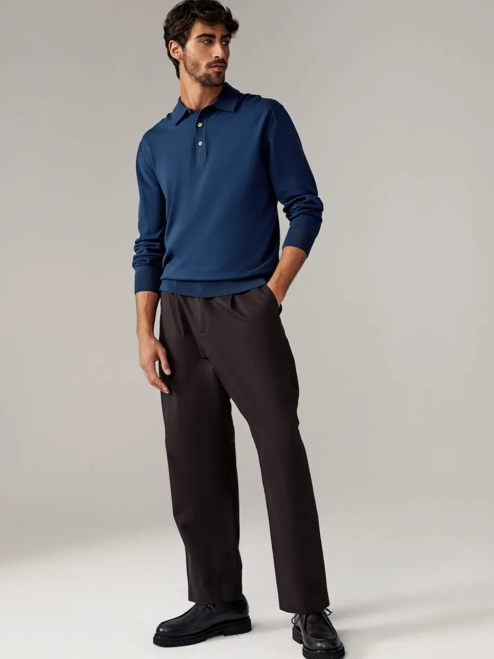 Navy Blue/Neutral Regular Fit Knitted Long Sleeve Polo Shirts 2 Pack