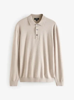 Navy Blue/Neutral Regular Fit Knitted Long Sleeve Polo Shirts 2 Pack