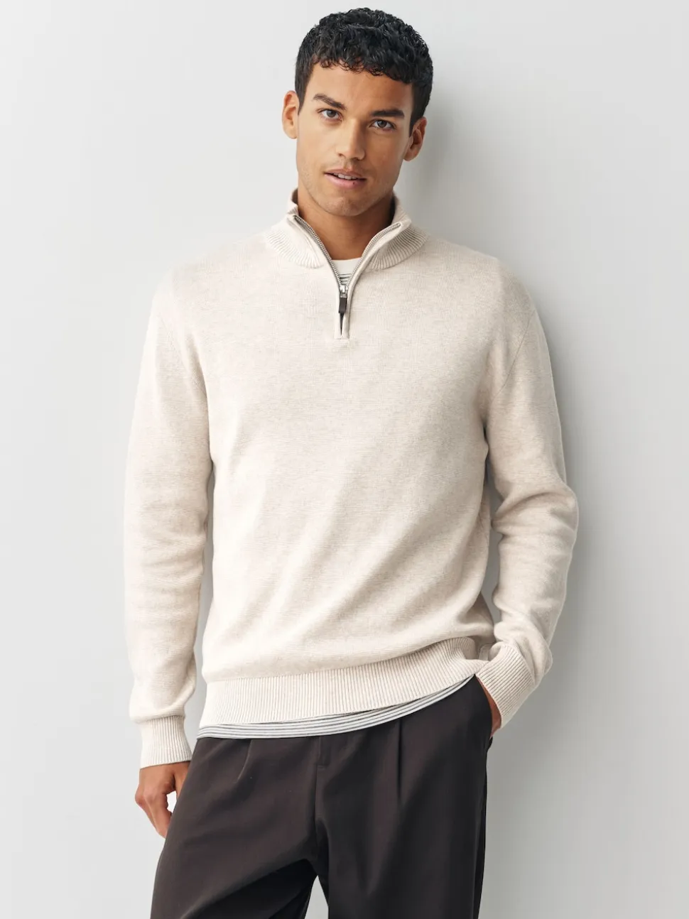 Navy Blue/Oatmeal N.Premium 100% Cotton Regular Fit Premium Quarter Zip Jumpers 2 Pack