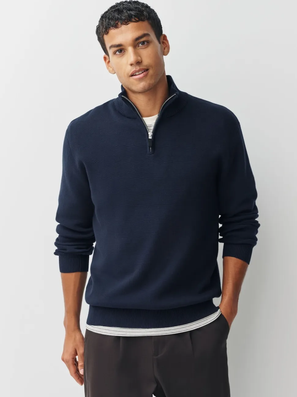 Navy Blue/Oatmeal N.Premium 100% Cotton Regular Fit Premium Quarter Zip Jumpers 2 Pack