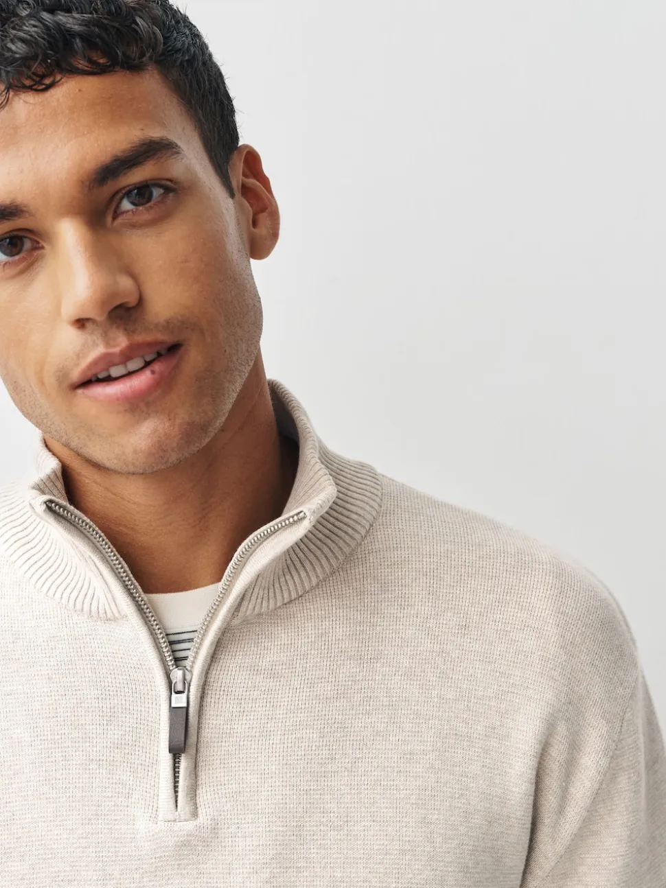 Navy Blue/Oatmeal N.Premium 100% Cotton Regular Fit Premium Quarter Zip Jumpers 2 Pack