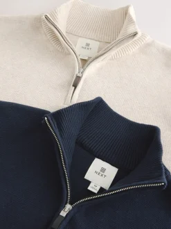 Navy Blue/Oatmeal N.Premium 100% Cotton Regular Fit Premium Quarter Zip Jumpers 2 Pack