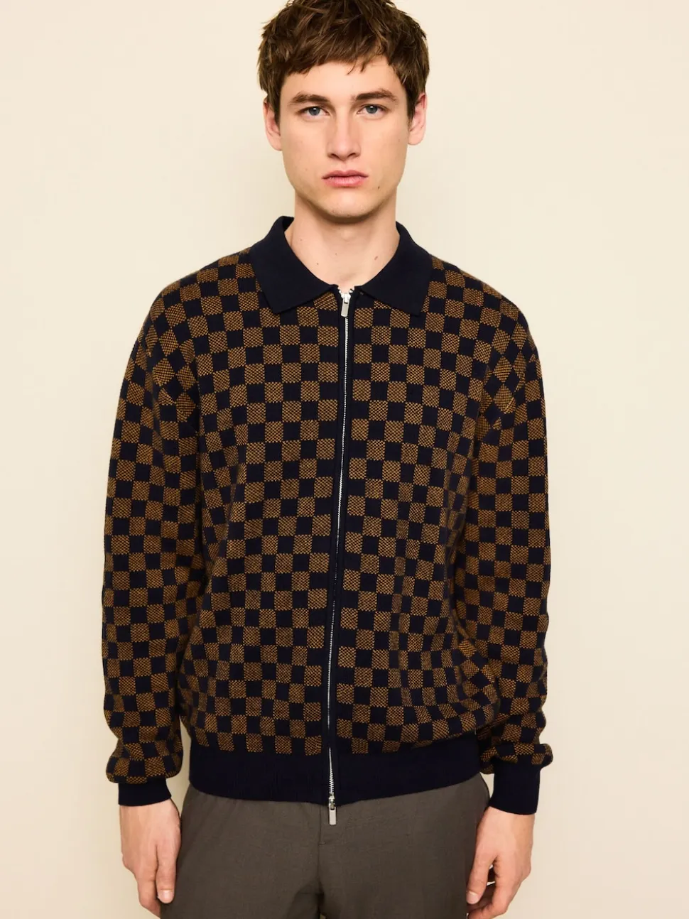 Navy Blue/Ochre Yellow Regular Fit Geo Pattern Zip-Through Collared Cardigan