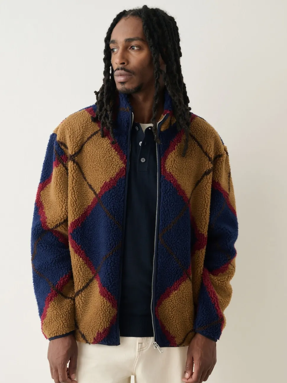 Navy Blue/Tan Brown Argyle Zip Through Printed Fleece