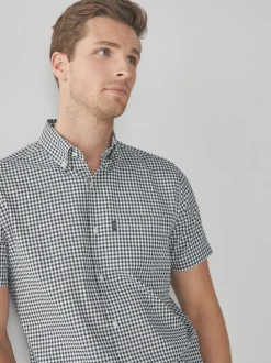 Navy Blue/White Gingham Check Easy Iron Button Down Short Sleeve Oxford Shirt