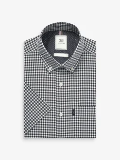 Navy Blue/White Gingham Check Easy Iron Button Down Short Sleeve Oxford Shirt