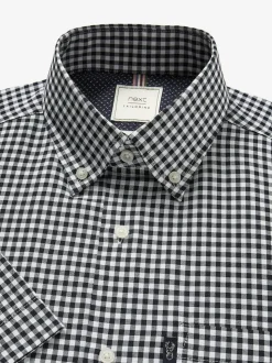 Navy Blue/White Gingham Check Easy Iron Button Down Short Sleeve Oxford Shirt