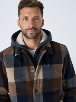 Navy Borg Lined Check Hooded Shacket