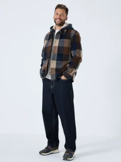 Navy Borg Lined Check Hooded Shacket