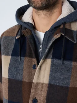 Navy Borg Lined Check Hooded Shacket