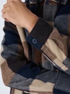 Navy Borg Lined Check Hooded Shacket