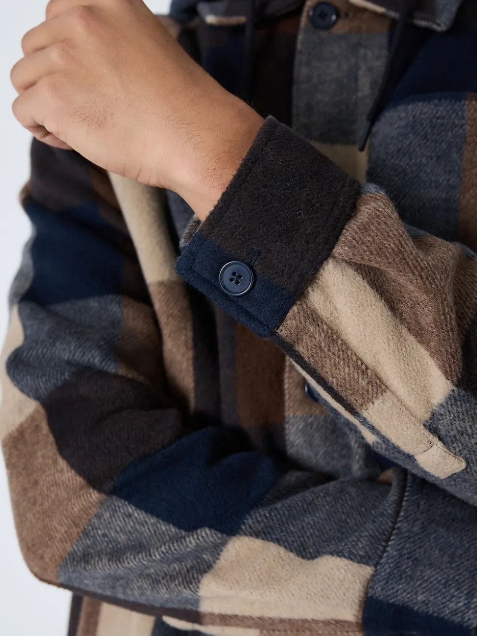 Navy Borg Lined Check Hooded Shacket