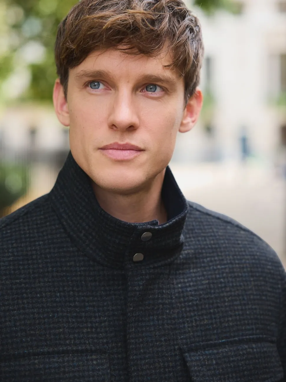Navy Dogtooth Wool Rich Four Pocket Funnel Neck Coat