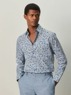 Navy Floral Cotton Rich Long Sleeve Formal Shirt
