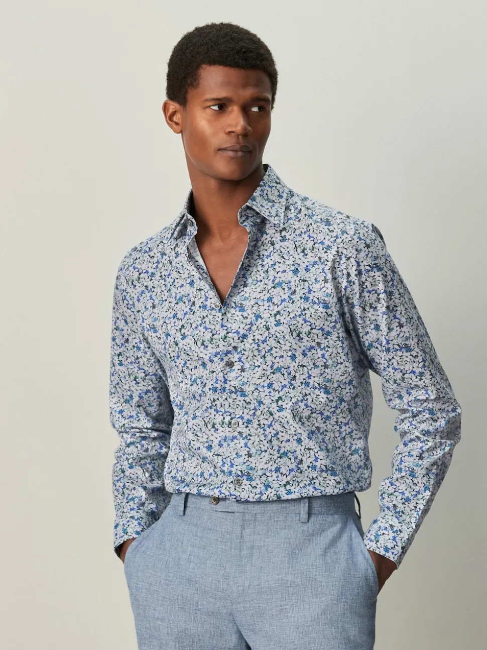 Navy Floral Cotton Rich Long Sleeve Formal Shirt