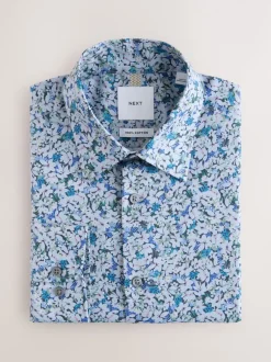 Navy Floral Cotton Rich Long Sleeve Formal Shirt