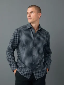 Navy Gingham Regular Fit Check Soft Touch 100% Cotton Smart Long Sleeve Shirt