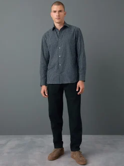 Navy Gingham Regular Fit Check Soft Touch 100% Cotton Smart Long Sleeve Shirt