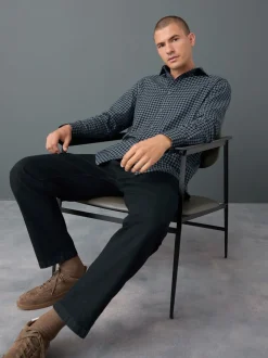 Navy Gingham Regular Fit Check Soft Touch 100% Cotton Smart Long Sleeve Shirt