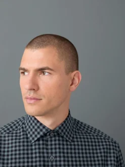 Navy Gingham Regular Fit Check Soft Touch 100% Cotton Smart Long Sleeve Shirt