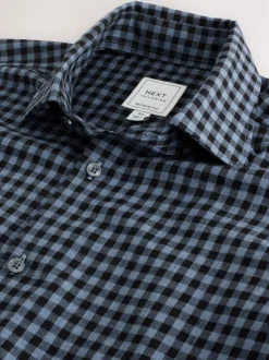Navy Gingham Regular Fit Check Soft Touch 100% Cotton Smart Long Sleeve Shirt