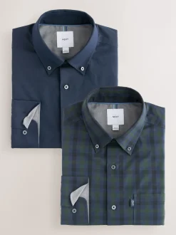 Navy/ Green Blackwatch Check Long Sleeve Oxford Shirts 2 Pack