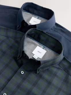 Navy/ Green Blackwatch Check Long Sleeve Oxford Shirts 2 Pack