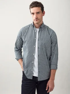 Navy Micro Check Regular Fit Easy Iron Button Down Oxford Shirt