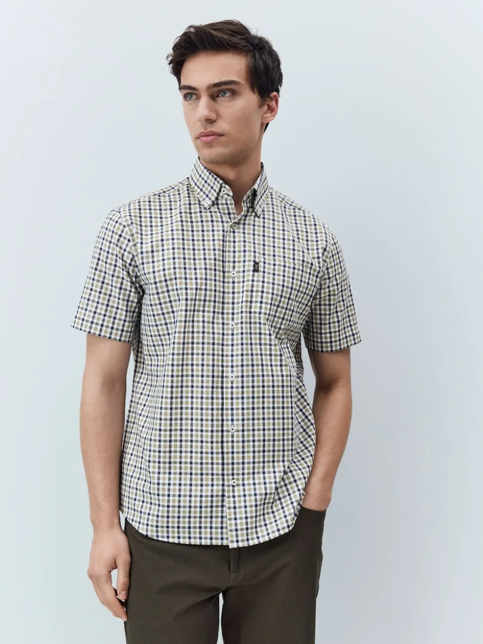 Navy/ Neutral Gingham Check Easy Iron Button Down Short Sleeve Oxford Shirt