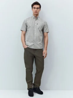 Navy/ Neutral Gingham Check Easy Iron Button Down Short Sleeve Oxford Shirt