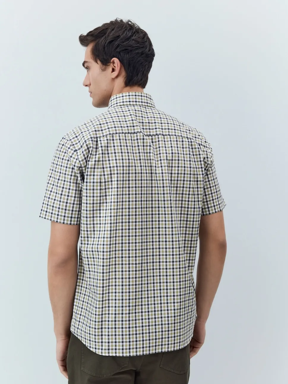 Navy/ Neutral Gingham Check Easy Iron Button Down Short Sleeve Oxford Shirt