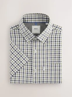 Navy/ Neutral Gingham Check Easy Iron Button Down Short Sleeve Oxford Shirt
