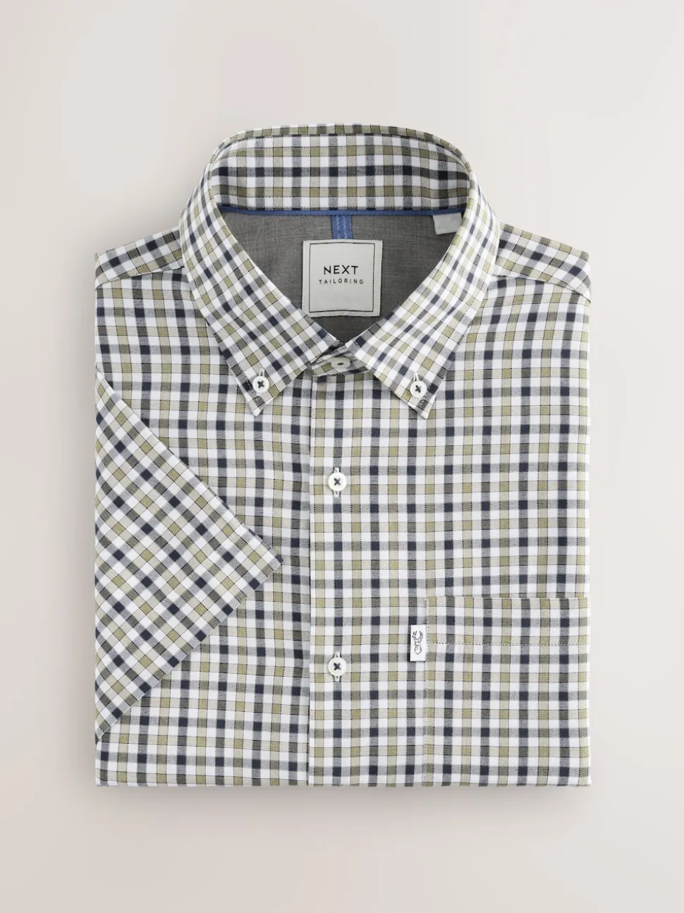 Navy/ Neutral Gingham Check Easy Iron Button Down Short Sleeve Oxford Shirt