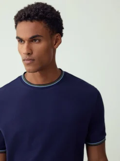 Navy Regular Fit & 100% Cotton Textured Tipped T-Shirt