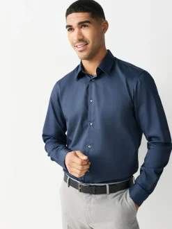 Navy Regular Fit Easy Care Textured Single Cuff Smart Shirt