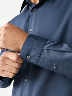 Navy Regular Fit Easy Care Textured Single Cuff Smart Shirt