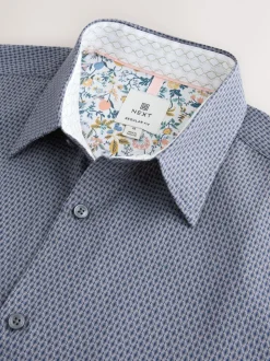 Navy Regular Fit Regular Fit Cotton Rich Trimmed Textured Short Sleeve Smart Shirt