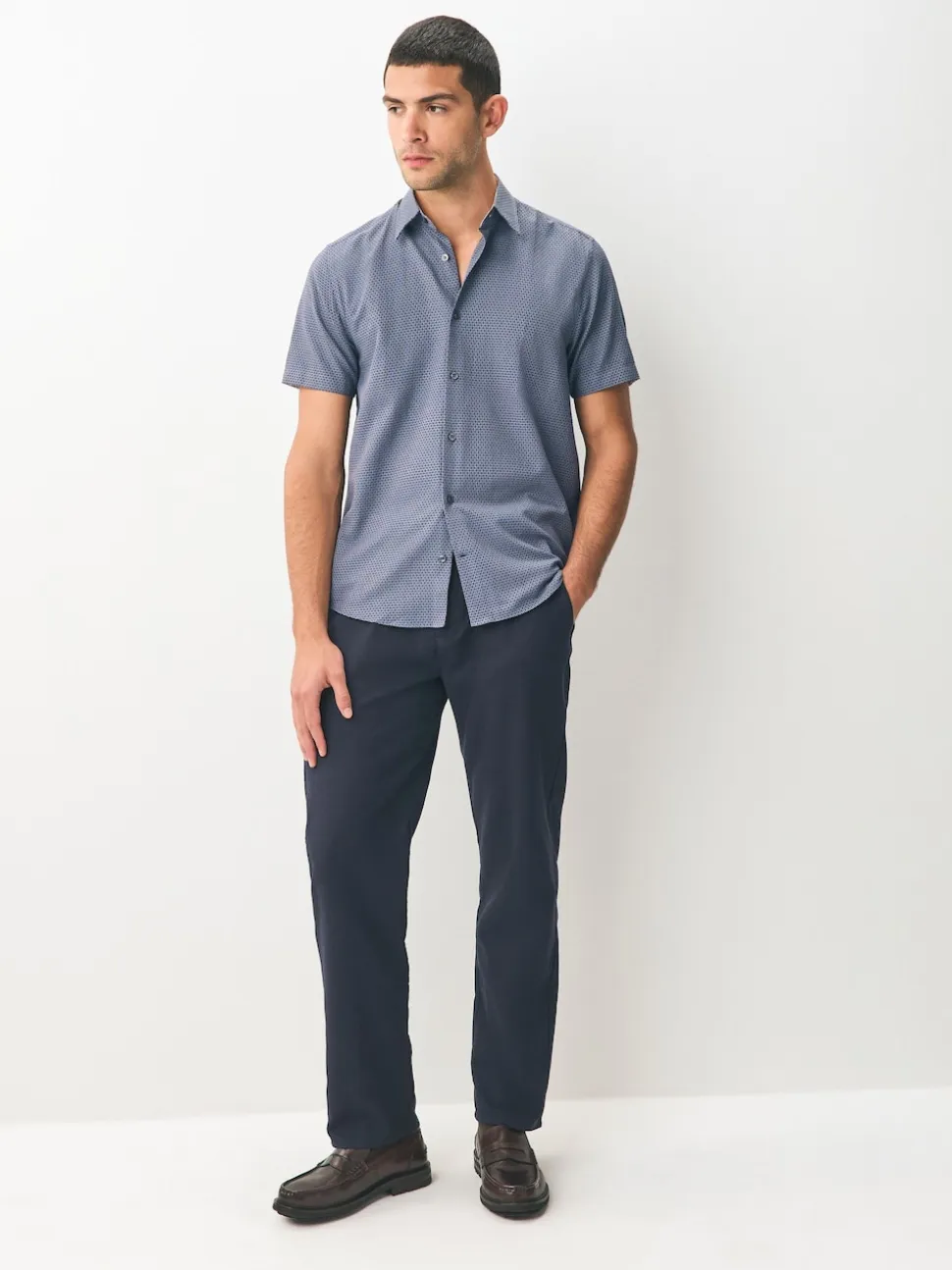 Navy Regular Fit Regular Fit Cotton Rich Trimmed Textured Short Sleeve Smart Shirt