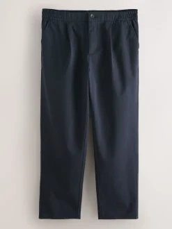 Navy Regular Tapered Fit Pleated Stretch Chinos Trousers With Elasticated Waist
