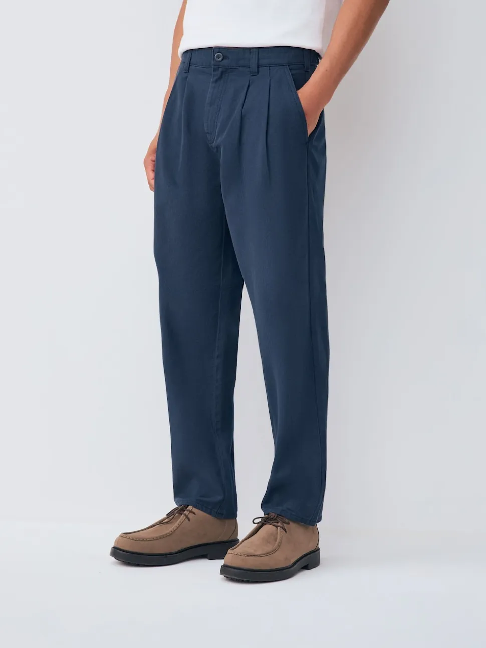 Navy Relaxed Tapered Fit Authentic Twin Pleated Textured Trousers