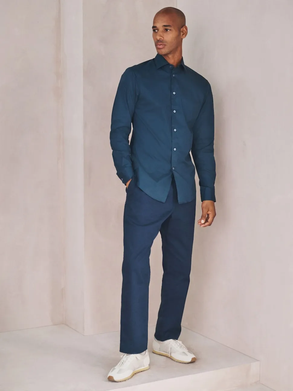 Navy Slim Fit Cotton Stretch Long Sleeve Formal Shirt